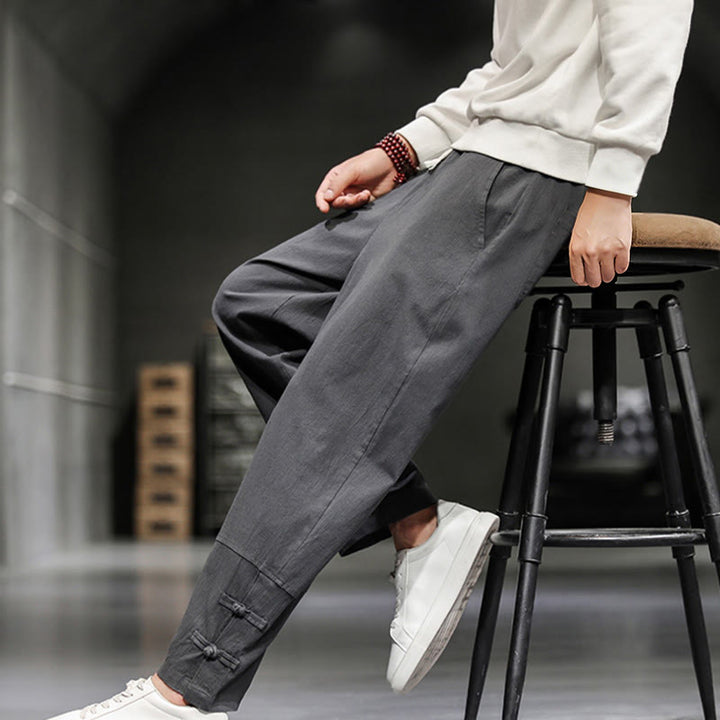 Buddha Stones Drawstring Elastic Waist Frog-Button Ankle-Length Men's Cotton Pants With Pockets - image 12