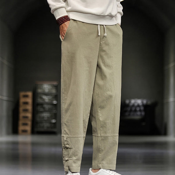 Buddha Stones Drawstring Elastic Waist Frog-Button Ankle-Length Men's Cotton Pants With Pockets - image 3