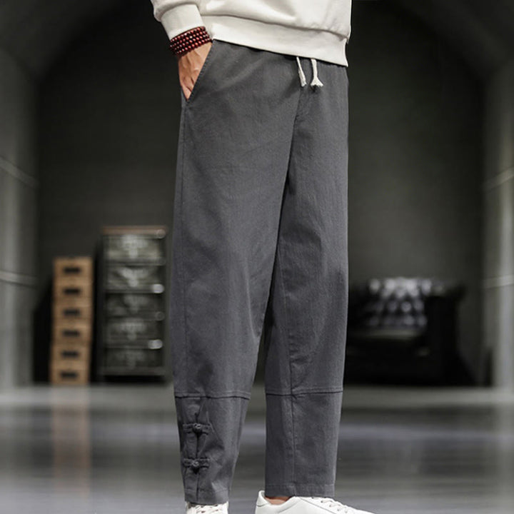 Buddha Stones Drawstring Elastic Waist Frog-Button Ankle-Length Men's Cotton Pants With Pockets - image 11