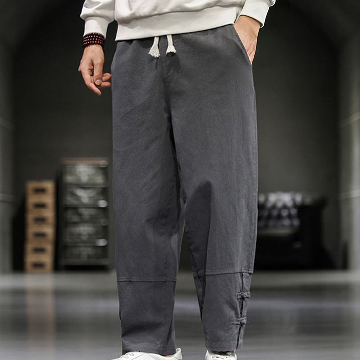 Buddha Stones Drawstring Elastic Waist Frog-Button Ankle-Length Men's Cotton Pants With Pockets - image 10