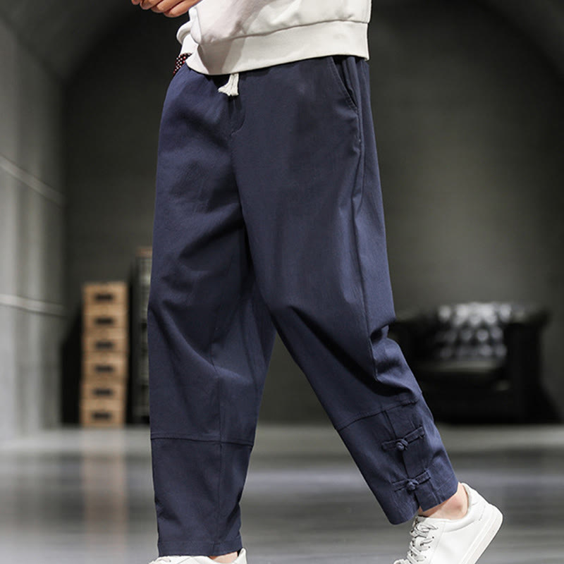 Buddha Stones Drawstring Elastic Waist Frog-Button Ankle-Length Men's Cotton Pants With Pockets - image 32