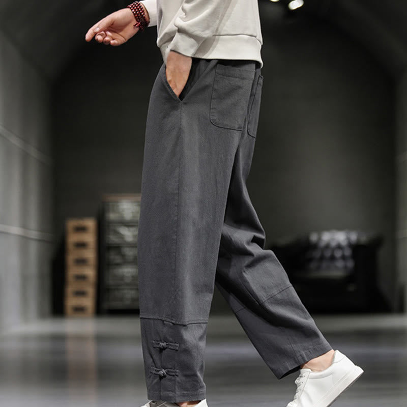 Buddha Stones Drawstring Elastic Waist Frog-Button Ankle-Length Men's Cotton Pants With Pockets - image 14