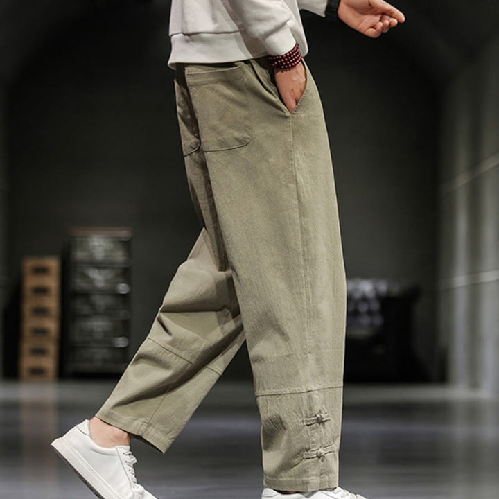 Buddha Stones Drawstring Elastic Waist Frog-Button Ankle-Length Men's Cotton Pants With Pockets - image 7