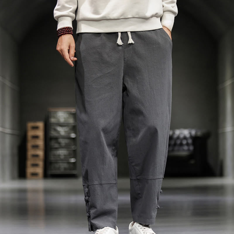 Buddha Stones Drawstring Elastic Waist Frog-Button Ankle-Length Men's Cotton Pants With Pockets - Gray - US/UK/AU46，EU56 (5XL) - image 9