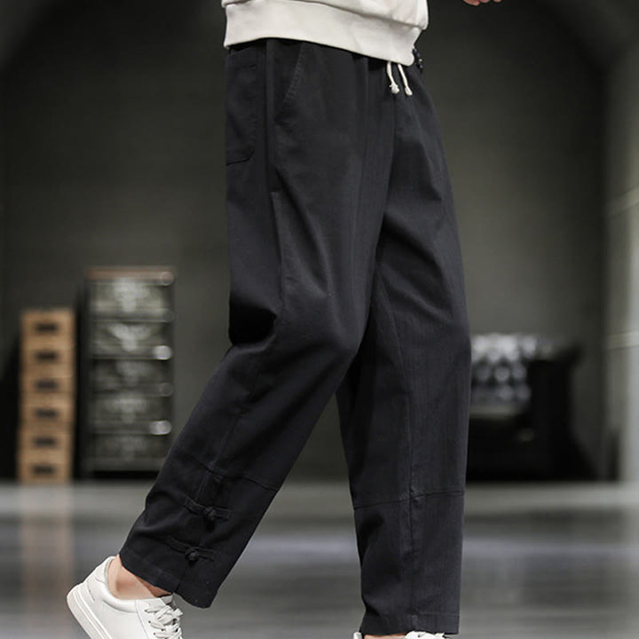 Buddha Stones Drawstring Elastic Waist Frog-Button Ankle-Length Men's Cotton Pants With Pockets - image 19