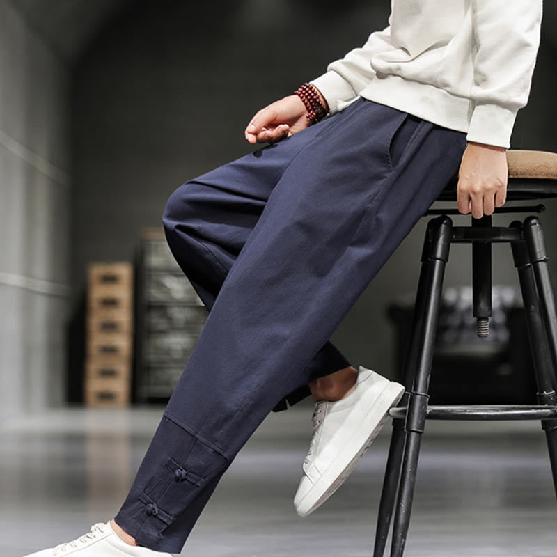 Buddha Stones Drawstring Elastic Waist Frog-Button Ankle-Length Men's Cotton Pants With Pockets - image 33