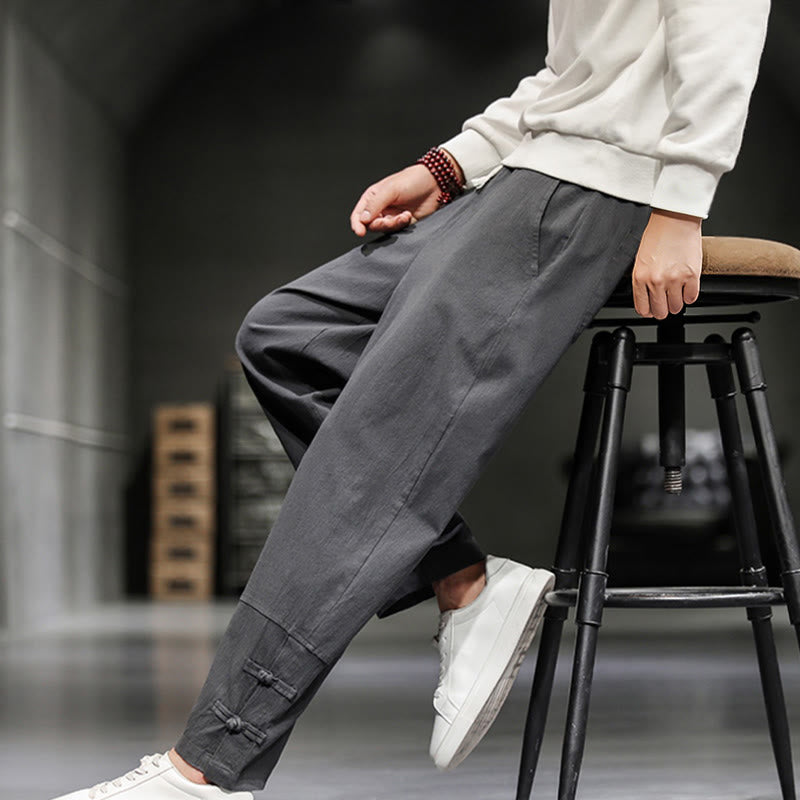 Buddha Stones Drawstring Elastic Waist Frog-Button Ankle-Length Men's Cotton Pants With Pockets - image 12