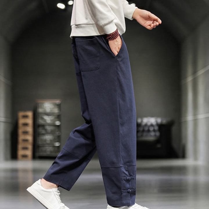 Buddha Stones Drawstring Elastic Waist Frog-Button Ankle-Length Men's Cotton Pants With Pockets - image 35