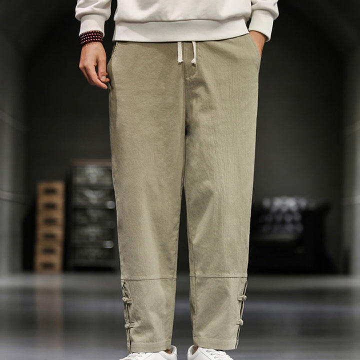 Buddha Stones Drawstring Elastic Waist Frog-Button Ankle-Length Men's Cotton Pants With Pockets - image 1
