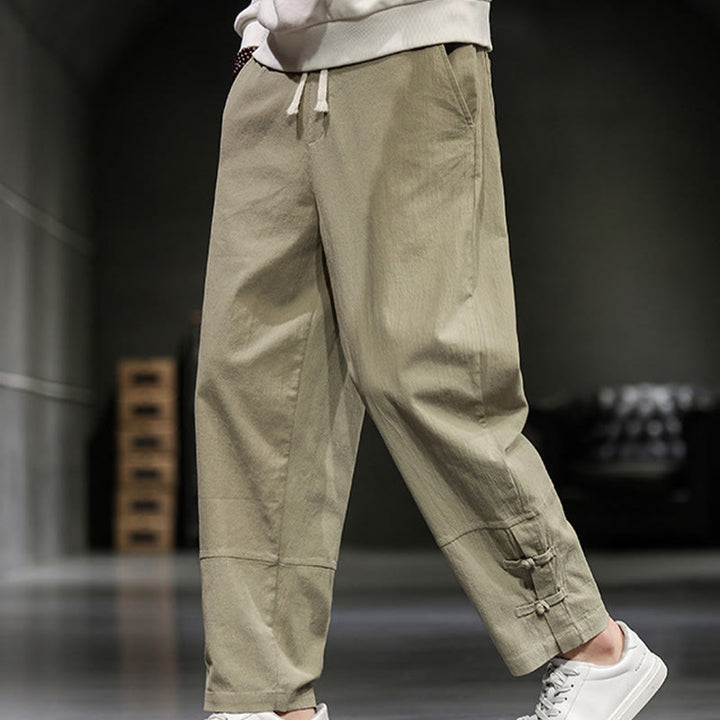 Buddha Stones Drawstring Elastic Waist Frog-Button Ankle-Length Men's Cotton Pants With Pockets - image 5