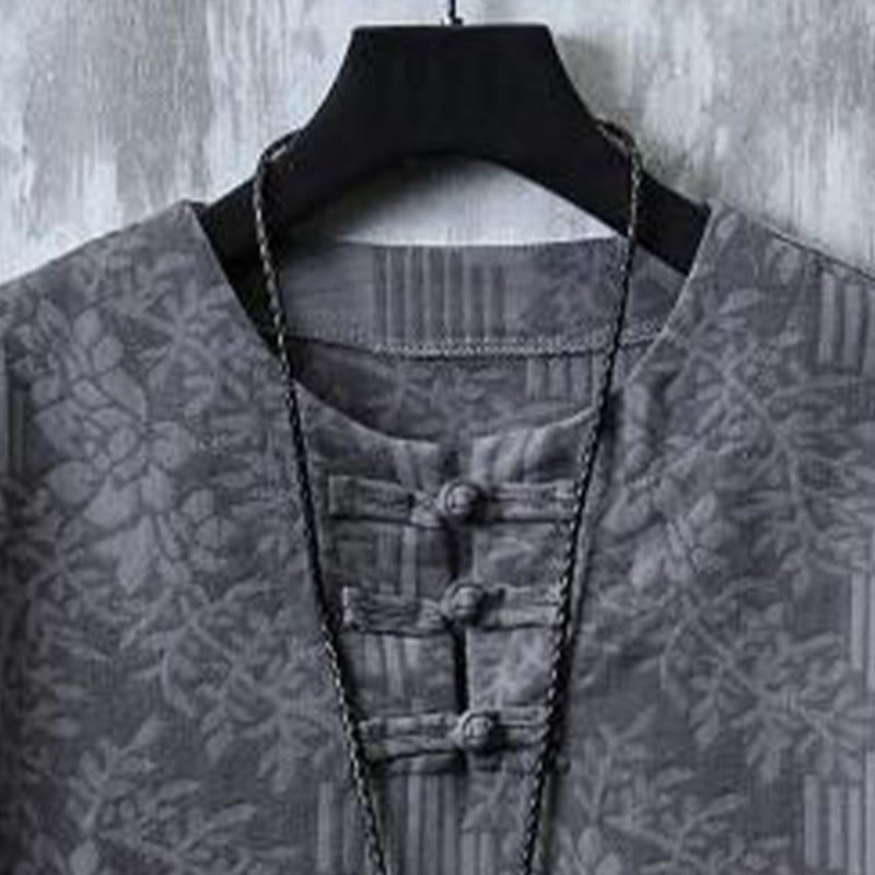 Buddha Stones Summer Floral Pattern Frog-Button Half Sleeve Cotton Men's Shirt  - image 5
