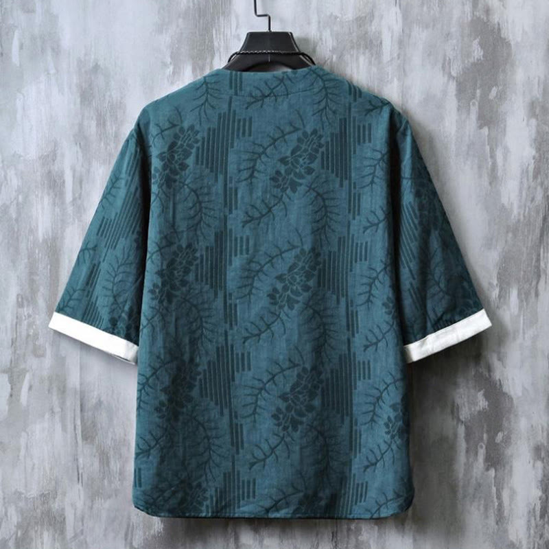 Buddha Stones Summer Floral Pattern Frog-Button Half Sleeve Cotton Men's Shirt  - image 1