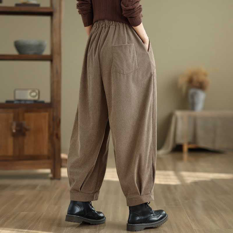 Buddha Stones Winter Solid Color Ankle-Length Simple Design Women's Corduroy Harem Pants With Pockets - image 7