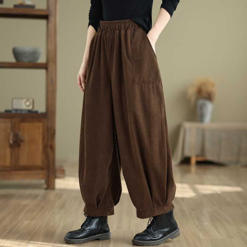 Buddha Stones Winter Solid Color Ankle-Length Simple Design Women's Corduroy Harem Pants With Pockets - SaddleBrown - US8-10，UK/AU12-14，EU40-42 (2XL) - image 12