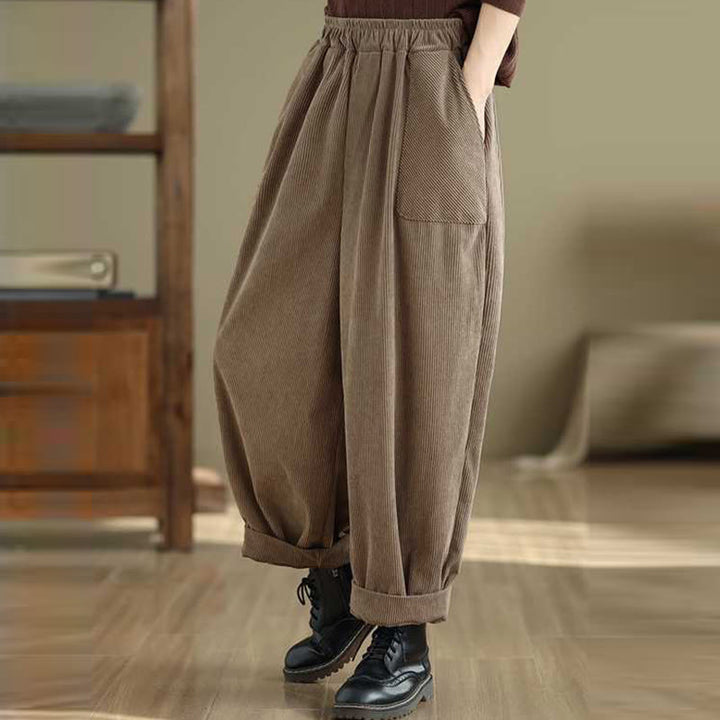 Buddha Stones Winter Solid Color Ankle-Length Simple Design Women's Corduroy Harem Pants With Pockets - image 10