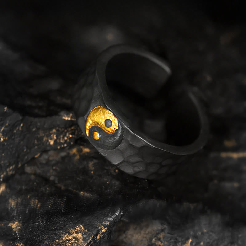 Buddha Stones Handmade 999 Sterling Silver 999 Gold Yin Yang Textured Balance Ring - image 1