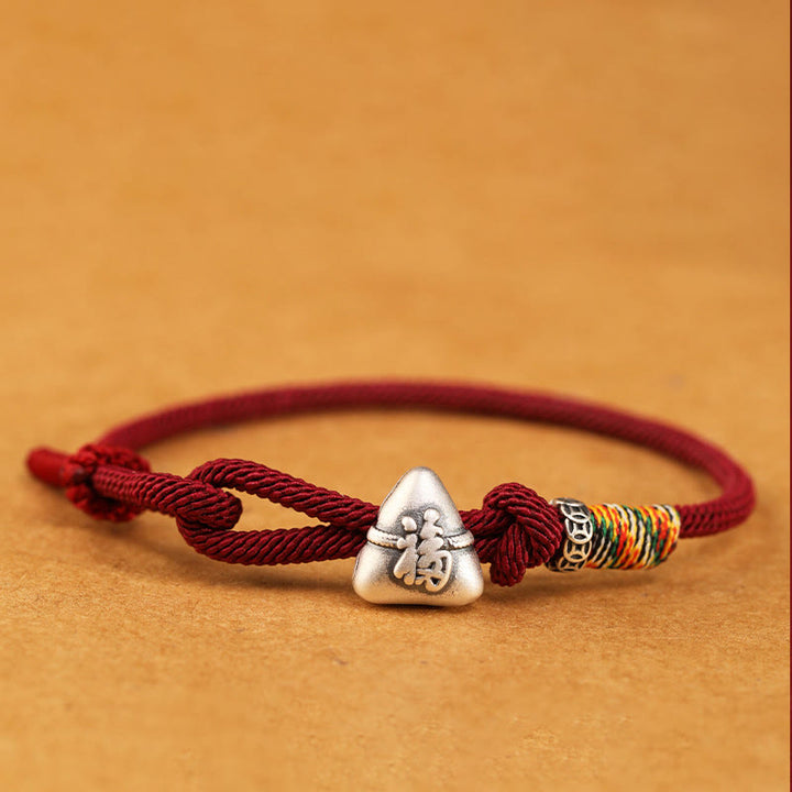 Buddha Stones 999 Sterling Silver Fu Character Zongzi Fortune Luck Rope Bracelet - Dark Red - 19-21cm - image 0