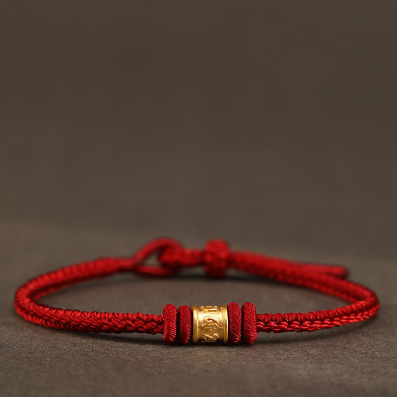 Buddha Stones Tibet Handmade 999 Gold Om Mani Padme Hum Luck Protection Bracelet - Red - 18cm - image 0