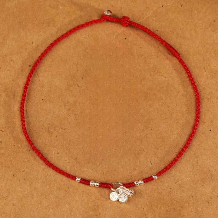 Buddha Stones Handcrafted 925 Sterling Silver Copper Coins Design Protection Strength Ultra-Thin Bracelet Anklet - Red Bracelet(Wrist Circumference 14-18cm) - image 7