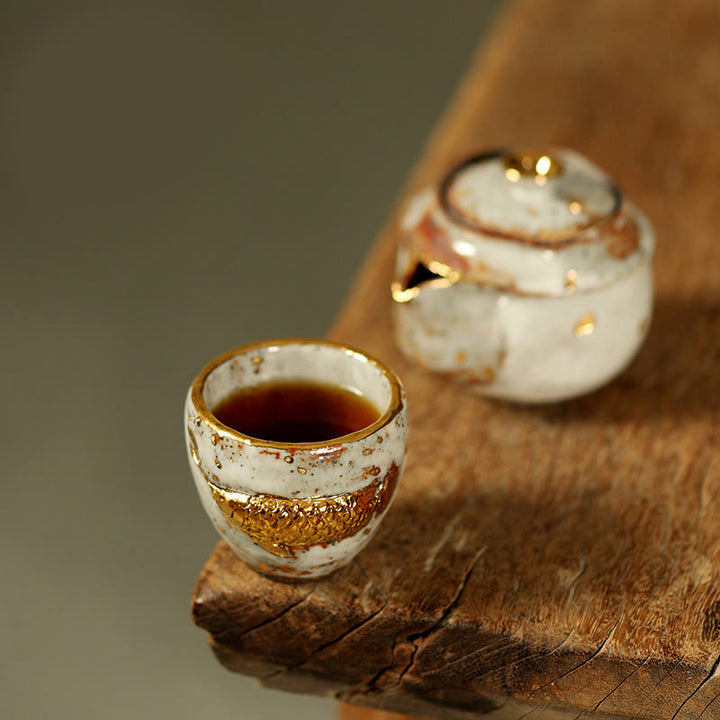 Buddha Stones Handcrafted Golden Arowana Koi Fish Ceramic Teacup Kung Fu Tea Cup Teapot - Cup+Teapot - image 10