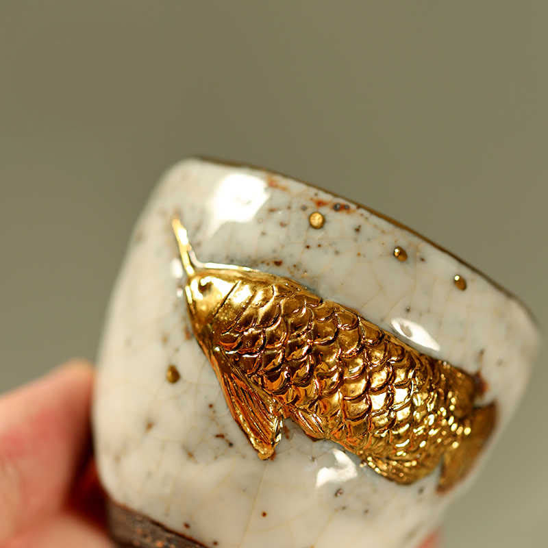 Buddha Stones Handcrafted Golden Arowana Koi Fish Ceramic Teacup Kung Fu Tea Cup Teapot - image 5