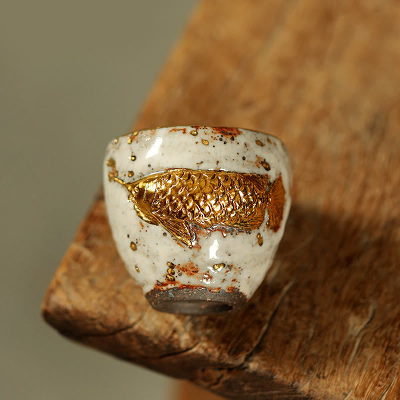 Buddha Stones Handcrafted Golden Arowana Koi Fish Ceramic Teacup Kung Fu Tea Cup Teapot - image 1