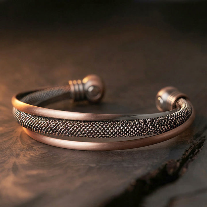 Buddha Stones Retro Textured Flower Pattern Twisted Copper Balance Luck Open Cuff Bracelet Bangle - Smooth Edge(Inner Diameter: 59mm) - image 0