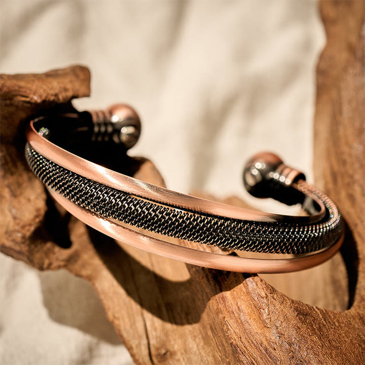 Buddha Stones Retro Textured Flower Pattern Twisted Copper Balance Luck Open Cuff Bracelet Bangle - image 2