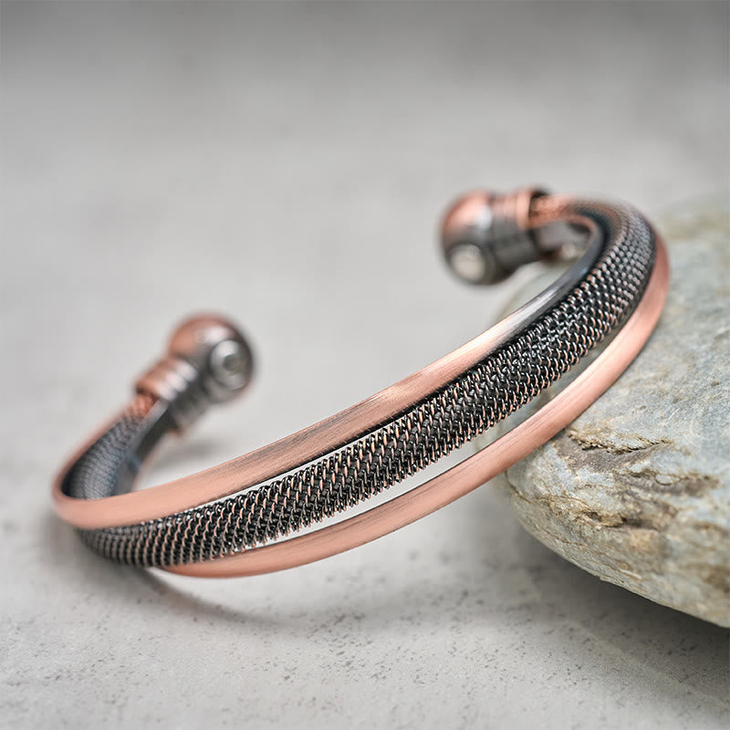 Buddha Stones Retro Textured Flower Pattern Twisted Copper Balance Luck Open Cuff Bracelet Bangle - image 1