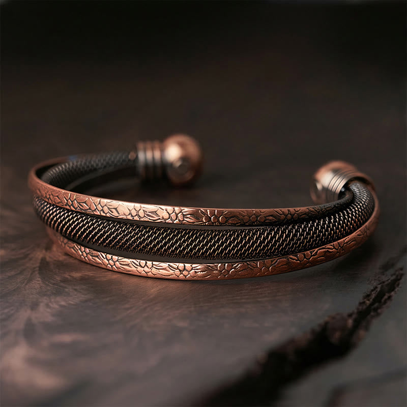 Buddha Stones Retro Textured Flower Pattern Twisted Copper Balance Luck Open Cuff Bracelet Bangle - Patterned(Inner Diameter: 59mm) - image 6