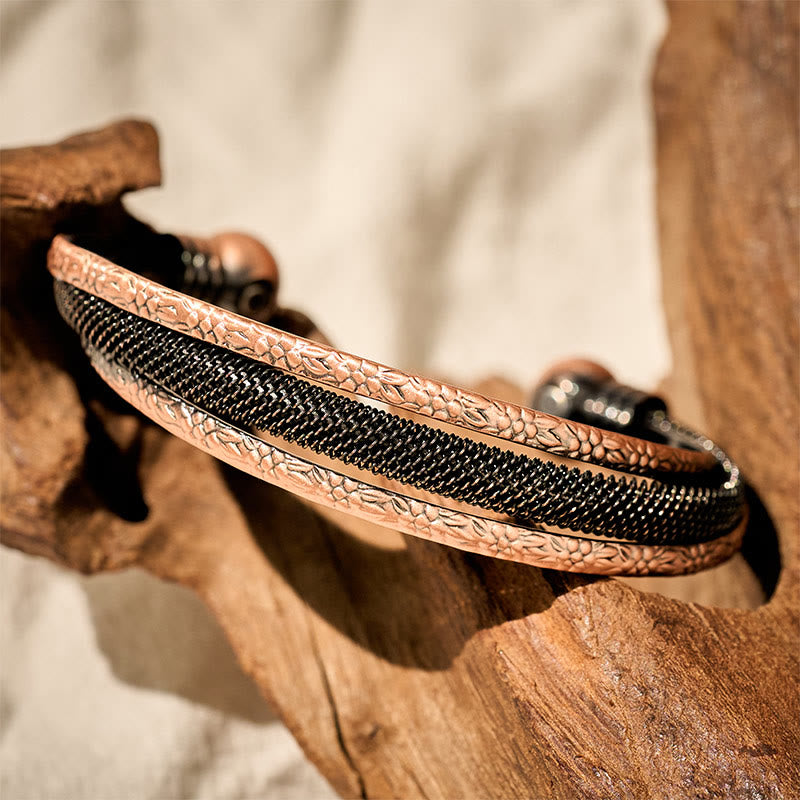 Buddha Stones Retro Textured Flower Pattern Twisted Copper Balance Luck Open Cuff Bracelet Bangle - image 8