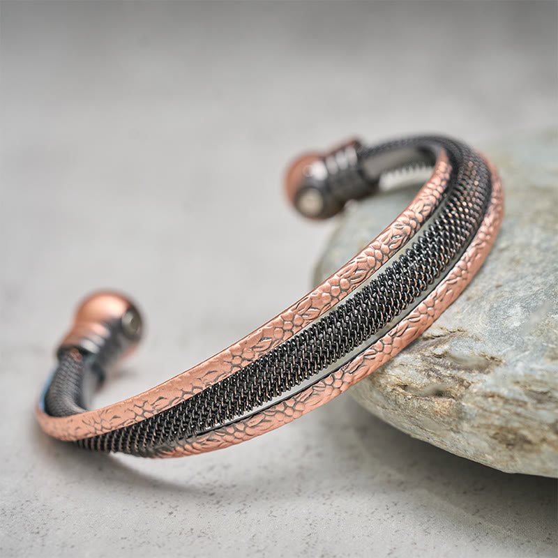 Buddha Stones Retro Textured Flower Pattern Twisted Copper Balance Luck Open Cuff Bracelet Bangle - image 7