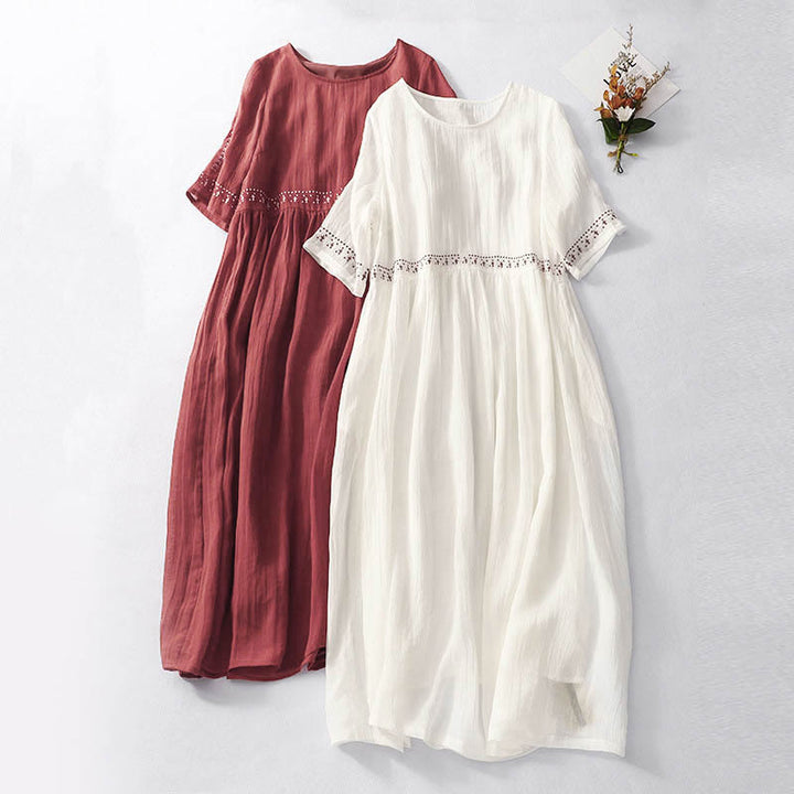 Buddha Stones Solid Color Embroidery Short Sleeve Cotton Midi Dress With Pockets - image 0