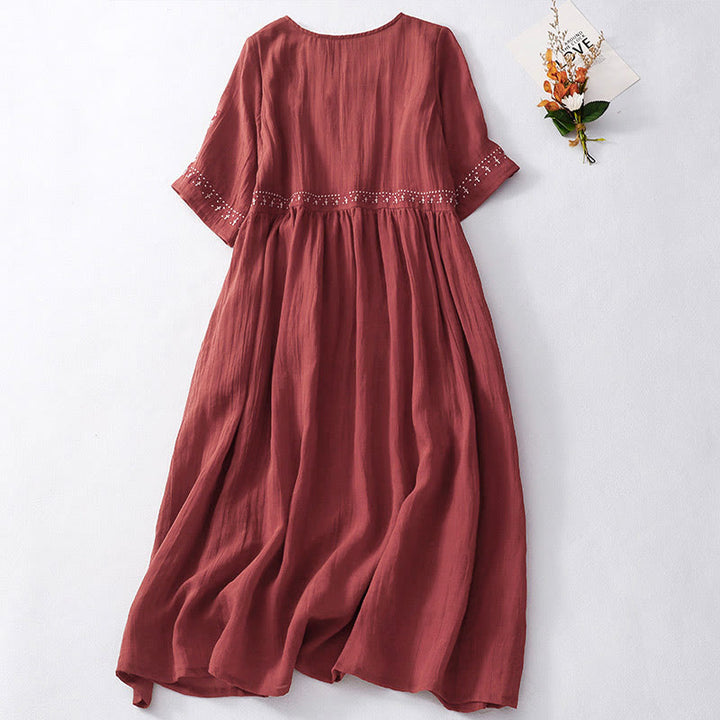 Buddha Stones Solid Color Embroidery Short Sleeve Cotton Midi Dress With Pockets - image 17