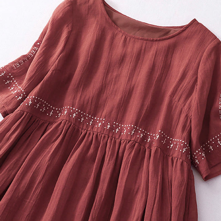 Buddha Stones Solid Color Embroidery Short Sleeve Cotton Midi Dress With Pockets - image 20