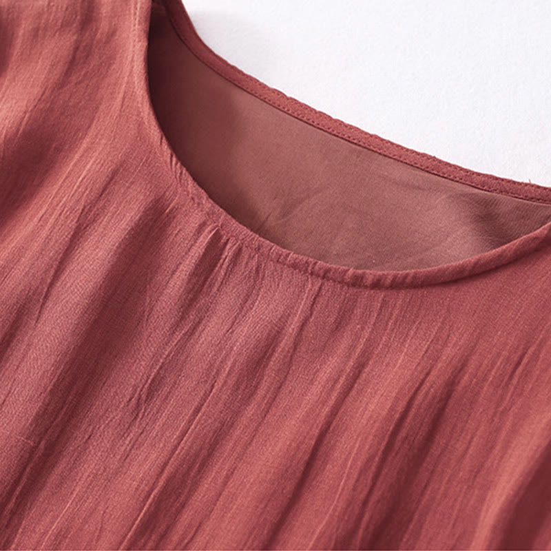 Buddha Stones Solid Color Embroidery Short Sleeve Cotton Midi Dress With Pockets - image 23