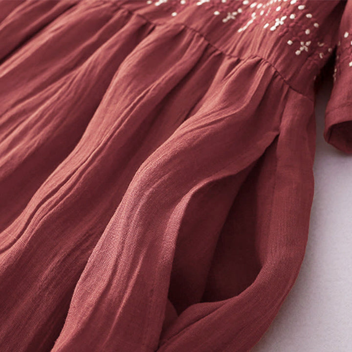 Buddha Stones Solid Color Embroidery Short Sleeve Cotton Midi Dress With Pockets - image 25