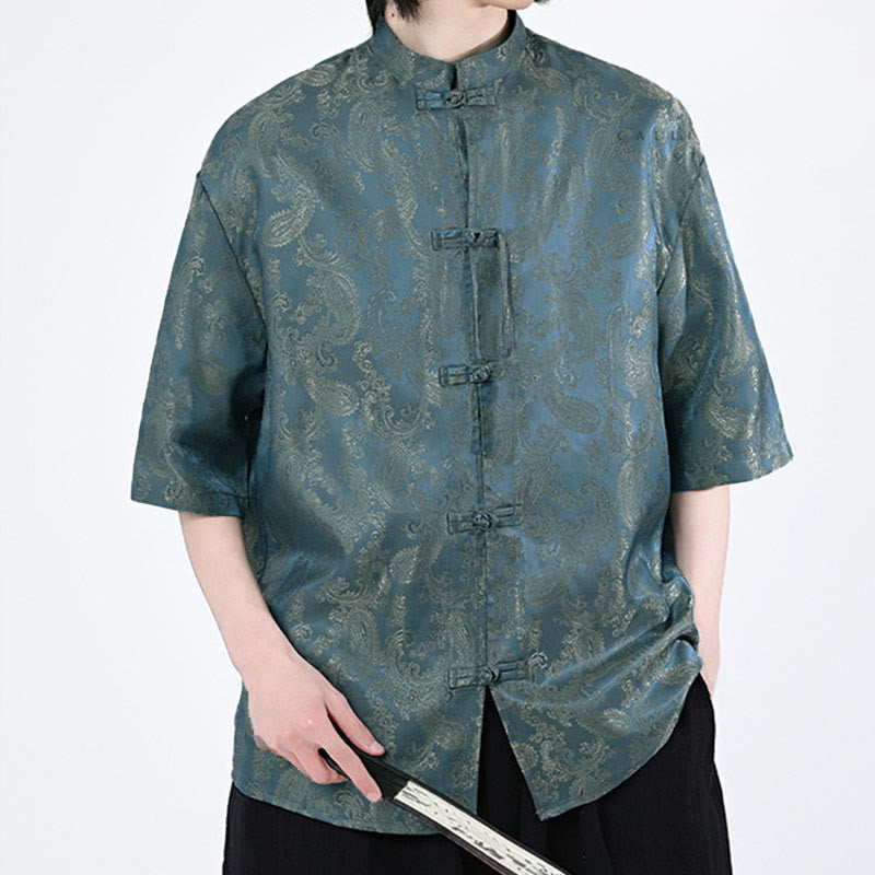 Buddha Stones Summer Frog-Button Half Sleeve Vine Leaf Flower Pattern Men's Shirt  - image 3