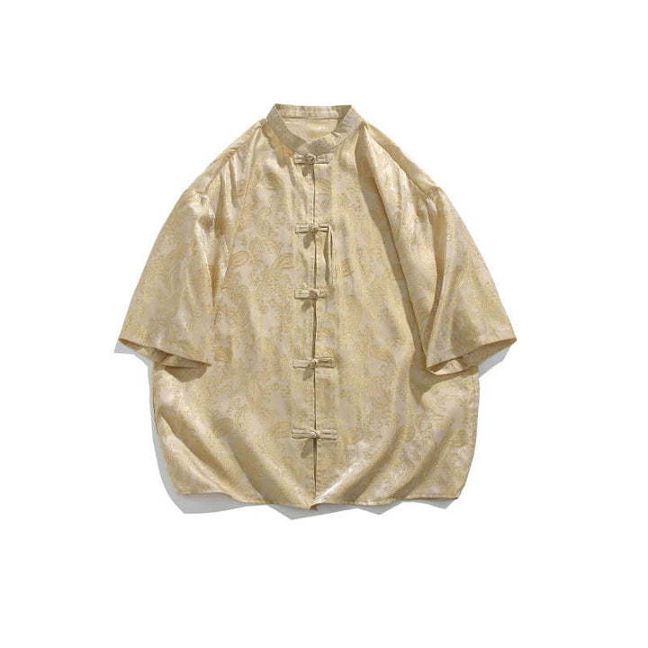 Buddha Stones Summer Frog-Button Half Sleeve Vine Leaf Flower Pattern Men's Shirt  - image 14