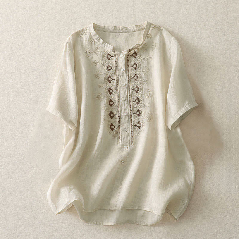 Buddha Stones Summer Floral Pattern Crew Neck Short Sleeve Women's Polyester Shirt  - Beige - US12，UK/AU16，EU44 (2XL) - image 14