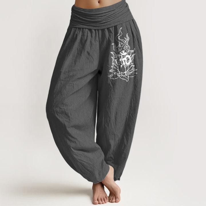 Buddha Stones Pure Cotton Minimalist Design Om Symbol Lotus Flame Pattern Women's Elastic Waist Harem Pants - image 8
