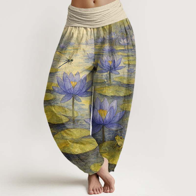 Buddha Stones Pure Cotton Fresh Elegant Lotus Flower Leaf Dragonfly Frog Pattern Women's Elastic Waist Harem Pants - LemonChiffon - US16，UK/AU20，EU48 (3XL) - image 5