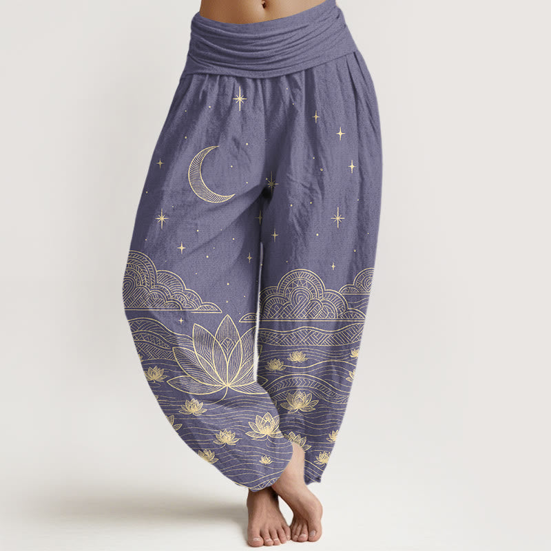 Buddha Stones Pure Cotton Elegant Moon Star Cloud Lotus Flower Water Ripple Pattern Women's Elastic Waist Harem Pants - MediumPurple - US16，UK/AU20，EU48 (3XL) - image 8