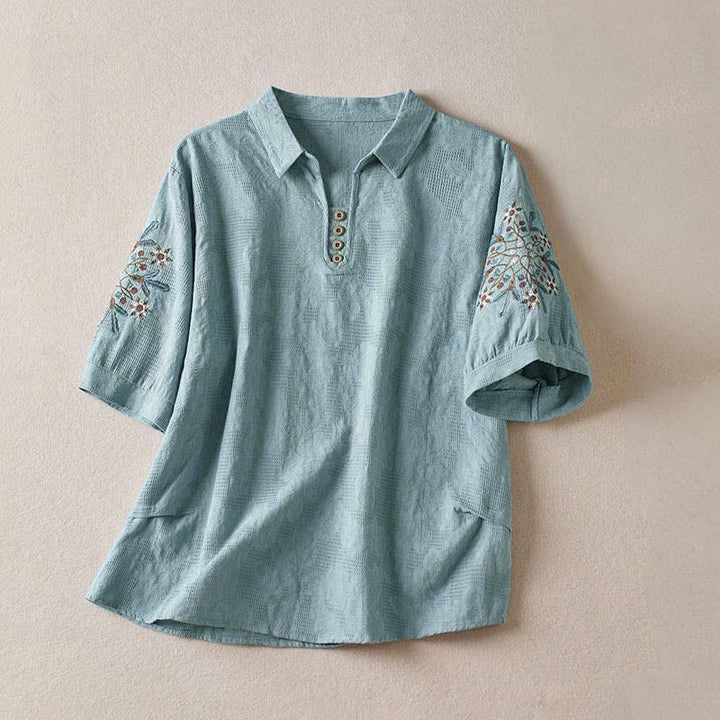 Buddha Stones Casual Floral Pattern Lapel Women's Short Sleeve T-shirt - SkyBlue - US12，UK/AU16，EU44 (3XL) - image 8