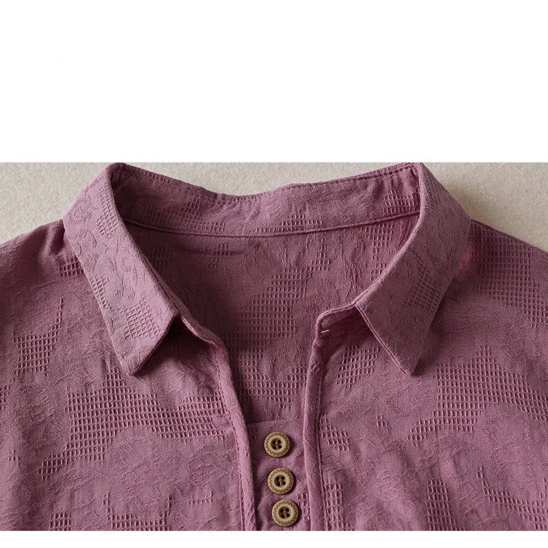 Buddha Stones Casual Floral Pattern Lapel Women's Short Sleeve T-shirt - image 7