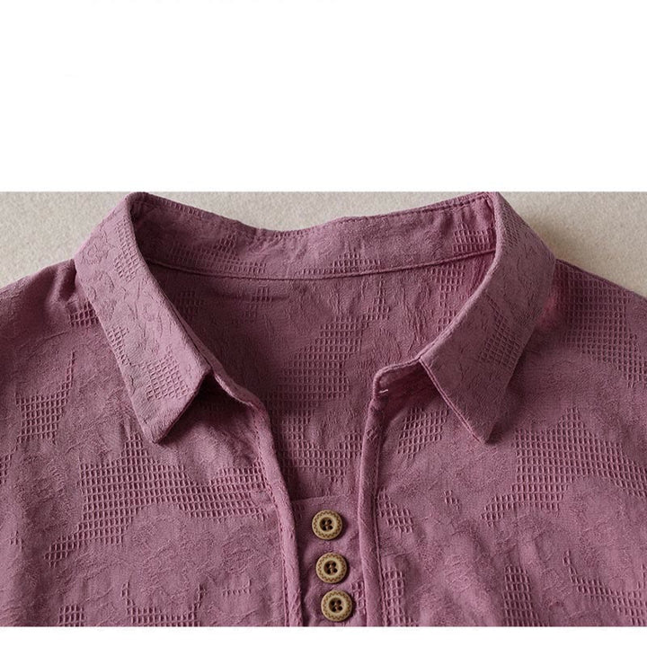 Buddha Stones Casual Floral Pattern Lapel Women's Short Sleeve T-shirt - image 7