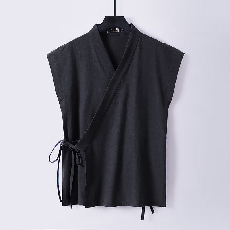 Buddha Stones Summer Solid Color V-Neck Sleeveless Men's Cotton Linen Vest - Black - US/UK/AU56，EU66 (9XL) - image 4