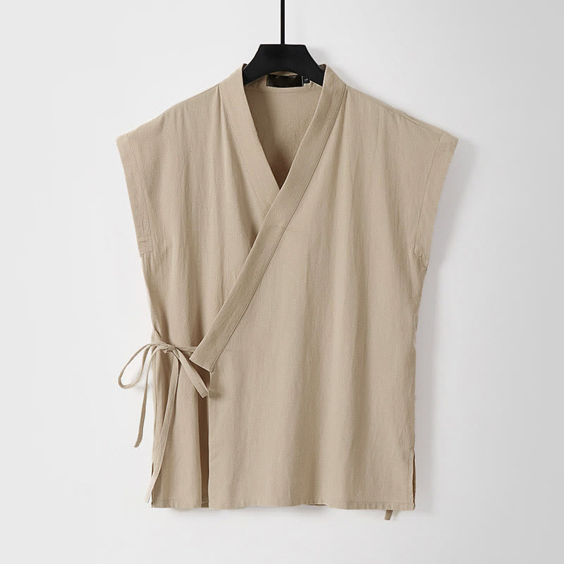 Buddha Stones Summer Solid Color V-Neck Sleeveless Men's Cotton Linen Vest - Wheat - US/UK/AU56，EU66 (9XL) - image 6