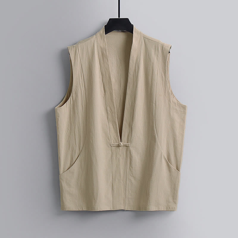 Buddha Stones Summer Solid Color V-Neck Frog-Button Sleeveless Men's Cotton Linen Vest - Wheat - US/UK/AU54，EU64 (9XL) - image 10