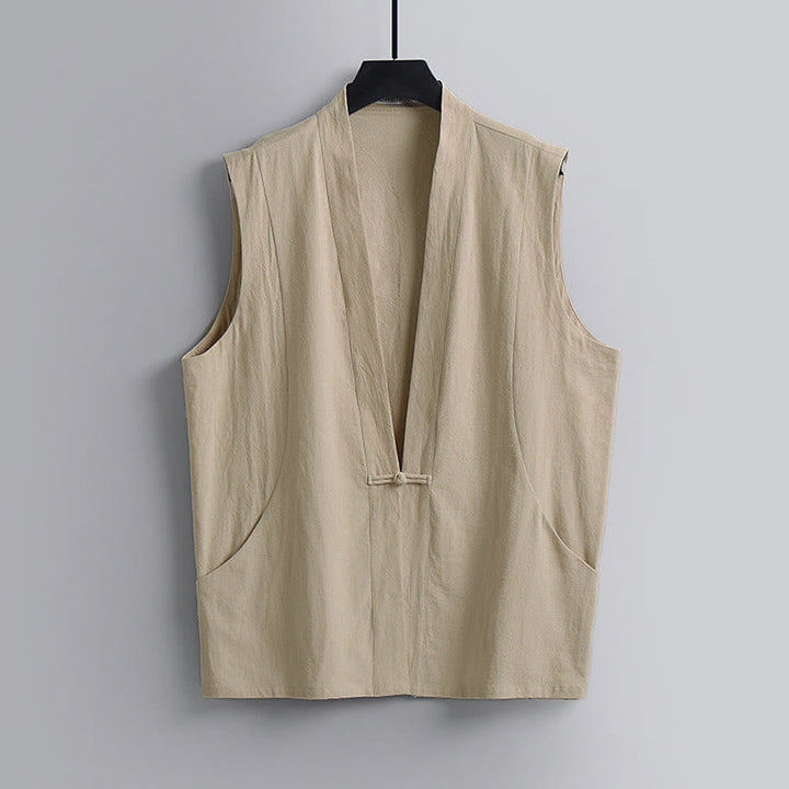 Buddha Stones Summer Solid Color V-Neck Frog-Button Sleeveless Men's Cotton Linen Vest - Wheat - US/UK/AU54，EU64 (9XL) - image 10